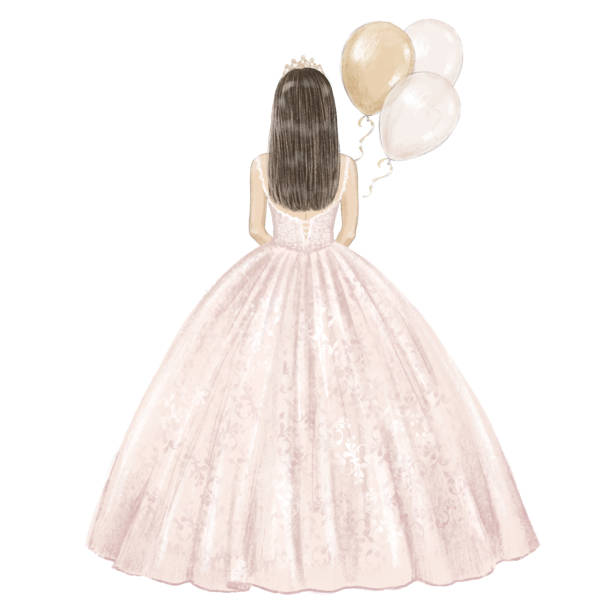 Girl in ball gown celebrates her 15 birthday. Hand drawn illustration Girl in ball gown celebrates her 15 birthday. Hand drawn illustration. quinceanera stock illustrations