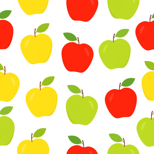 ilustraciones, imágenes clip art, dibujos animados e iconos de stock de patrón de manzanas sin costuras. - portion apple food pattern