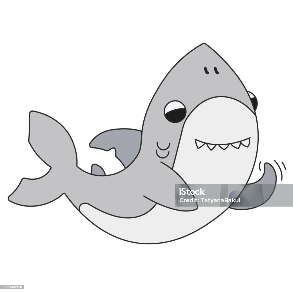 Cá Mập Hoạt Hình Dễ Thương Bơi Và Vẫy Tay Bằng Vây Một Con Cá Mập ...