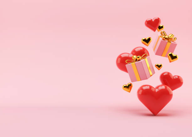 istock Red hearts and presents flying on pink background. Valentine's Day backdrop with free space for text, copy space. Postcard, greeting card design. 3D illustration. Love. 1361320146