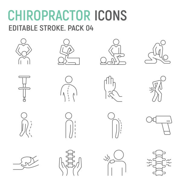 illustrazioni stock, clip art, cartoni animati e icone di tendenza di set di icone della linea chiropratico - osteopata