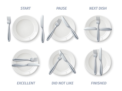 Restaurant dining etiquette. Different realistic plates and tableware positions, signaling for waiter, 3d steel knives, forks and white ceramic dishes, restaurant and cafes rules, vector isolated set