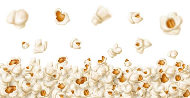 Popcorn seamless border. Realistic flying salted corn flakes background, cinema snacks frame, 3d party fast food products heap, falling flakes horizontal backdrop, vector isolated concept Popcorn seamless border. Realistic flying salted corn flakes background, cinema snacks frame, 3d party fast food products heap, falling flakes horizontal backdrop, vector isolated on white concept popcorn stock illustrations