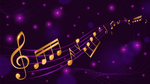 Music note poster. Gold abstract melody wavy horizontal banner, smooth shining musical notes background, classical symphony concert announcement, glowing stars purple backdrop vector concept Music note poster. Gold abstract melody wavy horizontal banner, smooth shining musical notes background, classical symphony concert announcement, glowing stars purple design backdrop, vector concept school choir stock illustrations