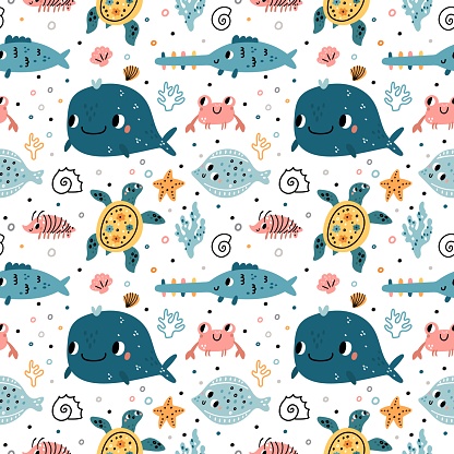 Seamless pattern cute underwater life. Funny cartoon ocean characters, marine world creations, aquatic animals, fishes and seaweed, whale and turtle on white background. Vector print