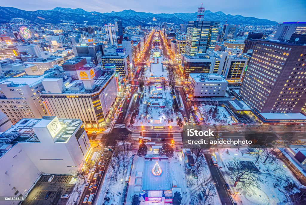 Odori Park at night view from observation deck of Sapporo TV Tower The park serves as the main site of the Sapporo Snow Festival in winter Sapporo Stock Photo