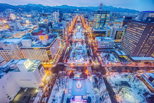 Odori Park at night view from observation deck of Sapporo TV Tower The park serves as the main site of the Sapporo Snow Festival in winter hokkaido stock pictures, royalty-free photos & images