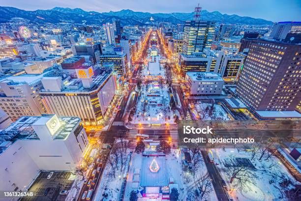 Odori Park At Night View From Observation Deck Of Sapporo Tv Tower Stock Photo - Download Image Now