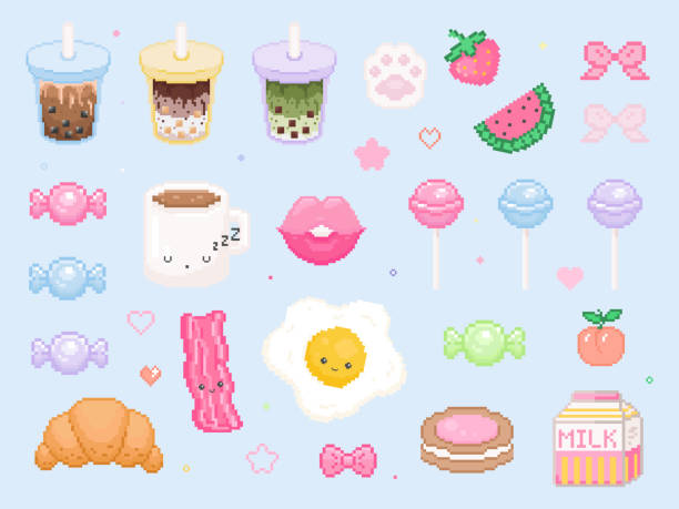 pixel art niedliches zeug-set. vector 8 bit kawaii stil sammlung von bubble tea, süßigkeiten, eier und leuchtfeuer, pfoten, schleifen, lutscher, dekorationen, croissant, lippen. - nerd technology old fashioned 1980s style stock-grafiken, -clipart, -cartoons und -symbole