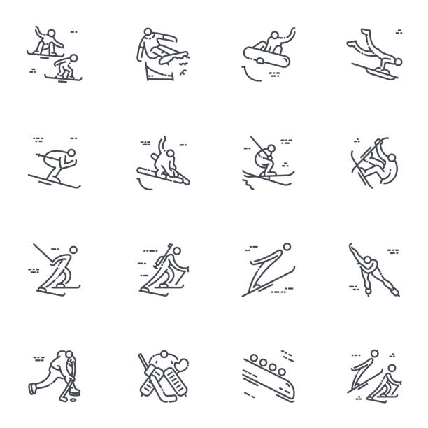 Snowboard, skiing, figure skating, biathlon, and other competition symbols isolated on transparent background. Vector winter sports line icon set. Snowboard, skiing, figure skating, biathlon, ski jump, bobsleigh and other competition symbols isolated on transparent background. winter sport computer icon sport winter stock illustrations