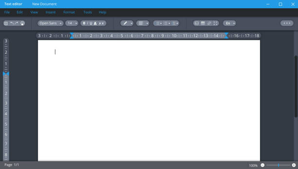 Text editor in dark theme with blank page. Digital application for documentation and correction Text editor in dark theme with blank page. Digital application for documentation and correction with user friendly interface for office workers and vector writers. editor stock illustrations