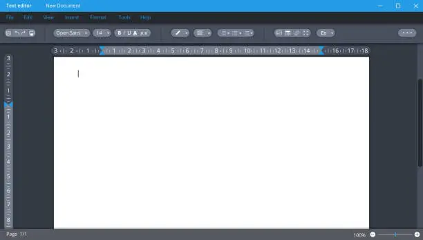 Vector illustration of Text editor in dark theme with blank page. Digital application for documentation and correction