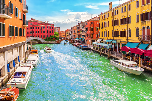 Grand Canal, bridges and colorful houses of Venice, Italy.