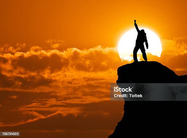 Man On Top Of Mountain Stock Photo - Download Image Now - Climbing, Moving Up, Achievement