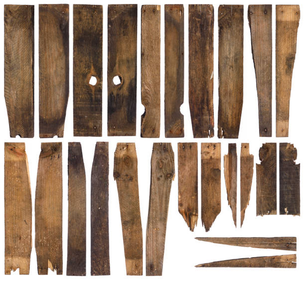 Broken distressed and weathered wooden planks front and back side isolated Old barn wooden planks, front and back side of each piece, isolated on white. Broken distressed and weathered wood. sliver stock pictures, royalty-free photos & images