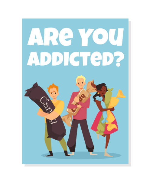 istock Addicted to sugar people hold and hug sweet candies, flat vector poster illustration. 1361354194