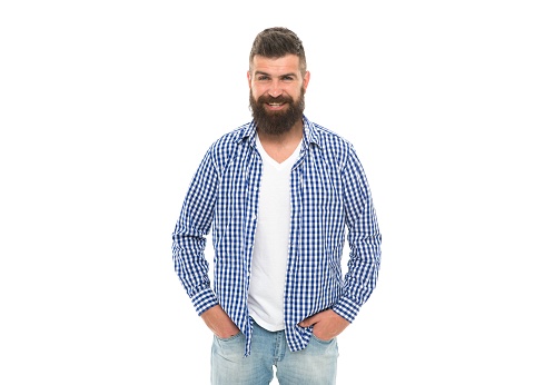 Facial care. handsome guy with beard and moustache isolated on white. male express emotions. happiness and joy. brutal bearded hipster in checkered shirt. happy mature man smiling.