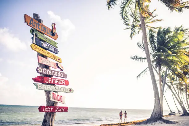 Multicolored sign showing many Caribbean travel destinations