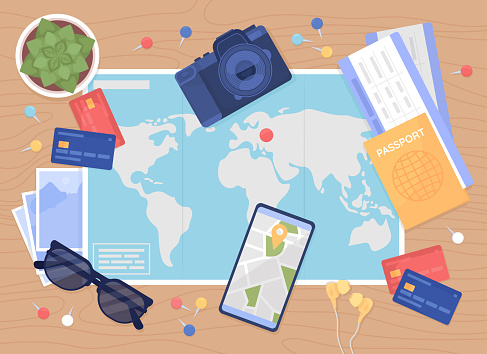 Travel planning flat color vector illustration. Map with continents and journey destination marked. Camera and sunglasses. Top view 2D cartoon illustration with desktop on background collection