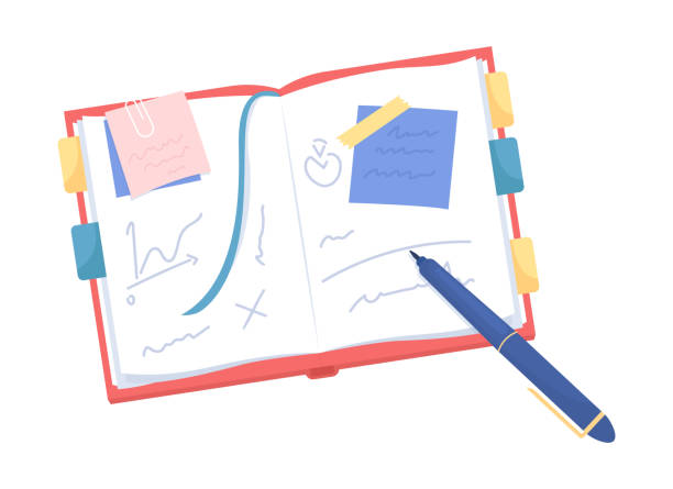 ilustraciones, imágenes clip art, dibujos animados e iconos de stock de organización desordenada en el planificador objeto vectorial de color semiplano - diary