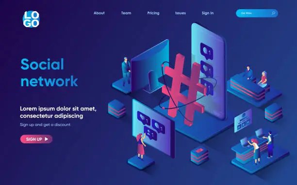 Vector illustration of Social network concept isometric landing page. Users browsing, chatting, viewing feed, sharing, commenting and following, 3d web banner template. Vector illustration with people scene in flat design