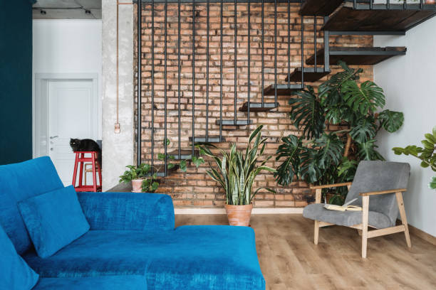 Upholstered furniture in luxury loft duplex flat Stylish upholstered furniture in loft styled duplex apartment with stairs. Home environment with plants diversity. Modern house with high-quality sofa and armchair duplex stock pictures, royalty-free photos & images