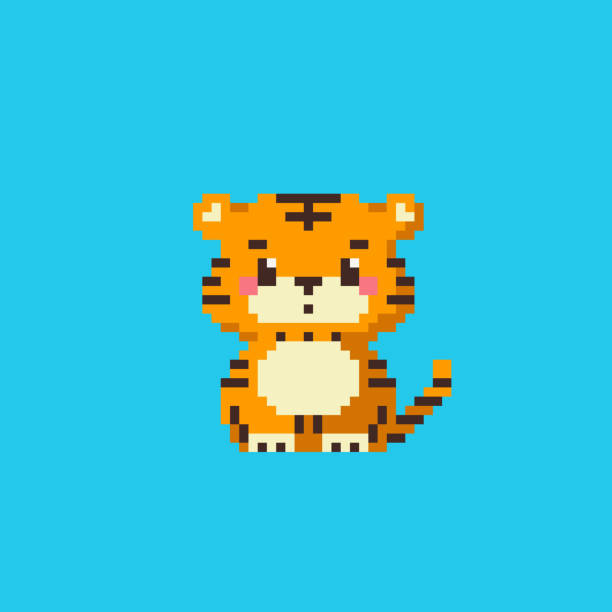 pixel-art-jahr des tiger-symbols. vektor 8 bit stil illustration von pixel niedlichen kleinen tiger. - nerd technology old fashioned 1980s style stock-grafiken, -clipart, -cartoons und -symbole