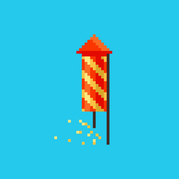 ilustrações de stock, clip art, desenhos animados e ícones de pixel art red firework rocket icon. vector 8 bit style illustration of chinese rocket or petard. - nerd technology old fashioned 1980s style