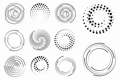Set of black thick halftone dotted circle speed lines. Design element for frame, tattoo, web pages, prints, posters, template. Technology round Logo. Abstract geometric shape motion. Sunburst. Vector.