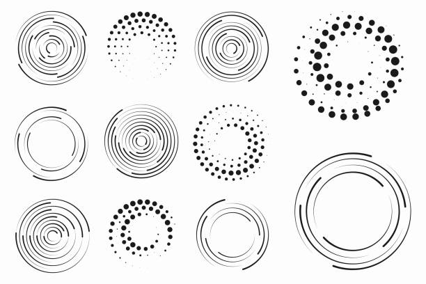 Set of black halftone circle speed lines motion. Set of black thick halftone dotted circle speed lines. Design element for frame, tattoo, web pages, prints, posters, template. Technology round Logo. Abstract geometric shape motion. Sunburst. Vector. motion stock illustrations