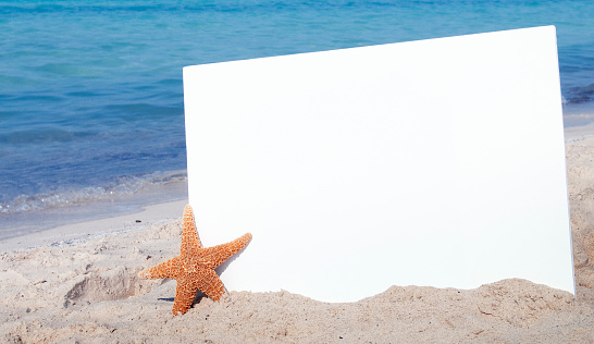 Sign on the Beach W Starfish. copy space.