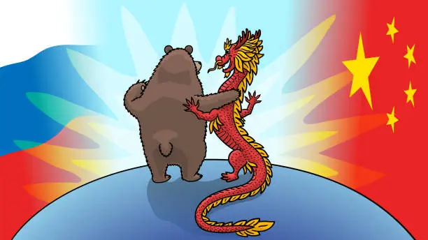 Vector illustration of The Russian bear and the Chinese dragon agree on joint cooperation.