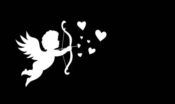 Vector illustration of White Cupid silhouette and hearts and copy space