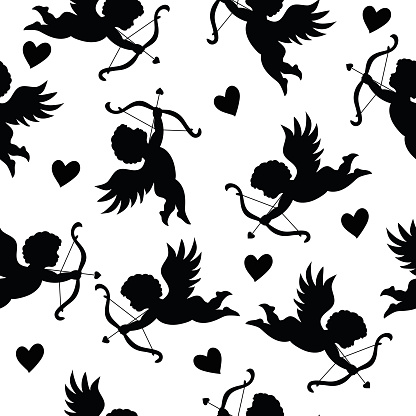 Seamless pattern of Cupid and hearts on transparent background.