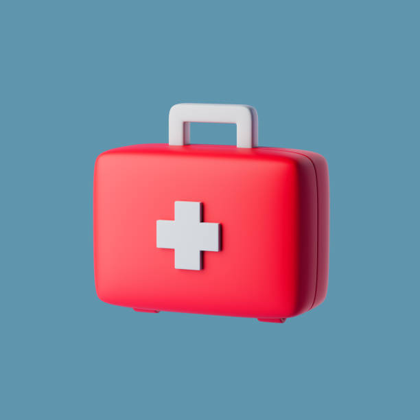 Simple closed red first aid kit for drugstore category 3d render illustration. Isolated object on background