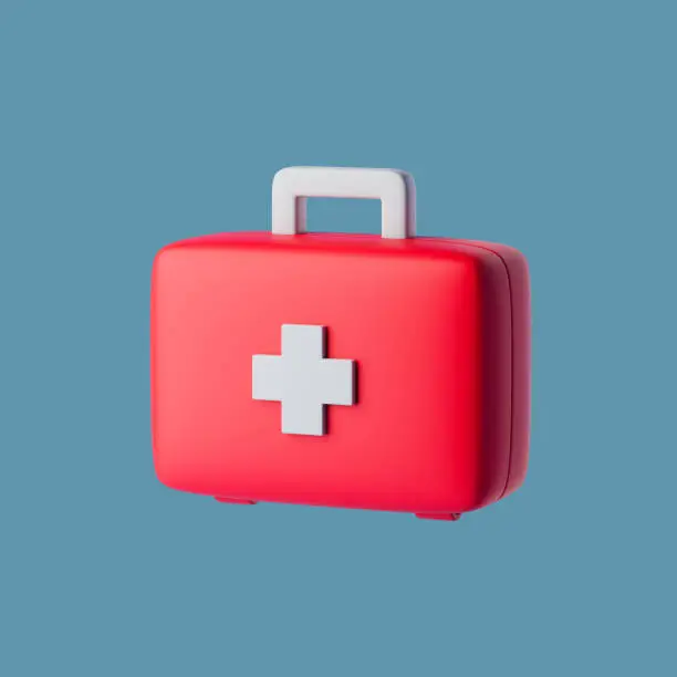 Photo of Simple closed red first aid kit for drugstore category 3d render illustration.