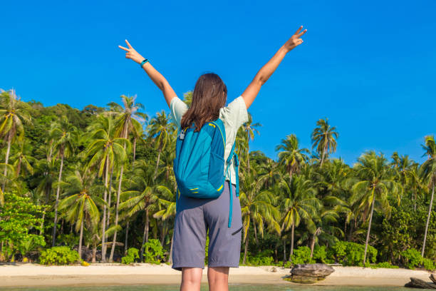 istock Woman traveler at tropical beach 1361367876