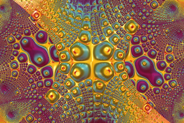 Shiny yellow and violet colored metallic surface with round shapes futuristic background