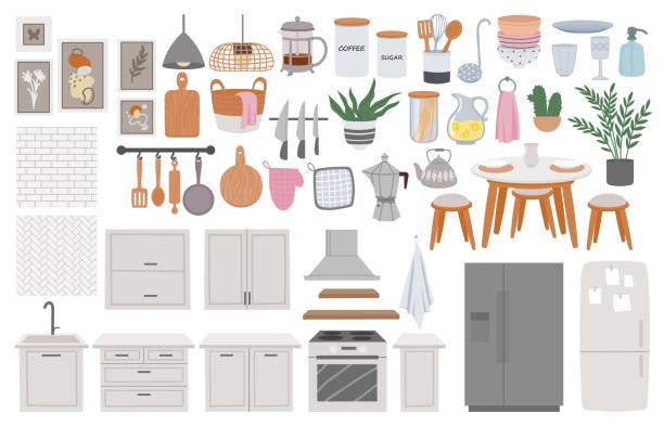 ilustrações, clipart, desenhos animados e ícones de desenho animado aconchegante móveis de cozinha escandinava, elementos interiores. mesa de jantar, geladeira, louça e pia. conjunto de vetores da sala de cozinha caseira - kitchen