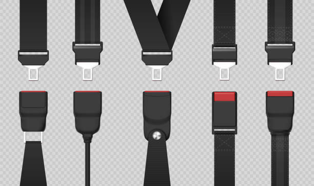 Realistic black unfastened safety seat belt designs. Unlocked vehicle, car or airplane passenger seatbelt with buckles. 3d belts vector set Realistic black unfastened safety seat belt designs. Unlocked vehicle, car or airplane passenger seatbelt with buckles. 3d belts vector set. Safety belt and strap for seat protection illustration buckle stock illustrations
