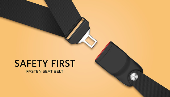 Traffic safety poster for drivers with realistic passenger seat belt. Fasten your seatbelt, warning banner. Safe driving rule vector concept. Rule of safety traffic for driver illustration