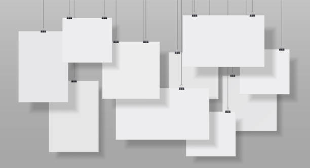 istock Gallery with hanging vertical posters and photos display template. A4 paper pages on clips. Picture presentation, exhibition vector scene 1361368178