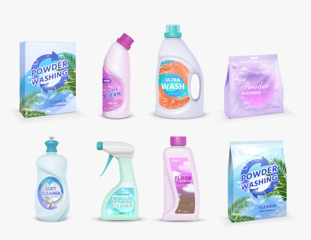 Realistic household cleaning product package with label design templates. Detergent powder in box, bleach in bottle, disinfectant vector set Realistic household cleaning product package with label design. Detergent powder in box, bleach in bottle, disinfectant vector set. Illustration of product realistic household, container detergent bleach stock illustrations