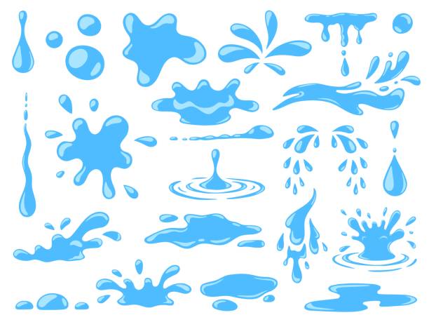 kreskówkowy niebieski kapiący krople wody, rozpryski, spraye i łzy. płynny przepływ, fala, strumień i kałuże. natura ruch wody kształty wektor zestaw - chlapać stock illustrations