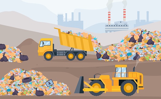 Landfill landscape with trash piles, bulldozer and garbage truck. Plastic pollution and waste recycling process. Garbage dump vector concept. Illustration of landfill garbage and trash