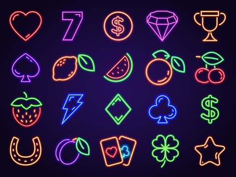 Vegas casino neon slot icons for signs and decor. Glowing gambling game symbols 7, cards, fruits, coin, cherry and lucky clover vector set. Illustration of jackpot and casino lucky