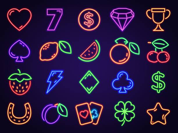 Vegas casino neon slot icons for signs and decor. Glowing gambling game symbols 7, cards, fruits, coin, cherry and lucky clover vector set Vegas casino neon slot icons for signs and decor. Glowing gambling game symbols 7, cards, fruits, coin, cherry and lucky clover vector set. Illustration of jackpot and casino lucky las vegas stock illustrations