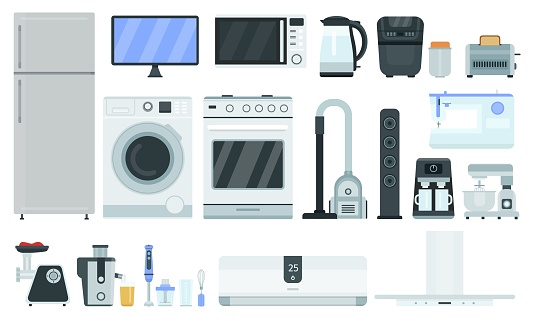 Flat kitchen electrics and appliances, home technology items. Refrigerator freezer, tv, oven, microwave, conditioner and washer vector set. Illustration of kitchen household items