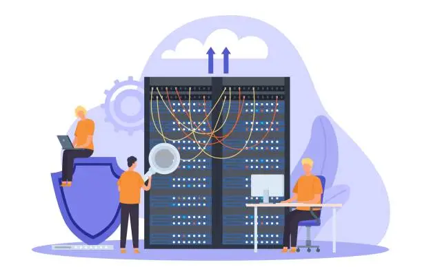 Vector illustration of System administrator, server maintain, support and security concept. Cloud network storage technology, sysadmin fixing servers vector banner