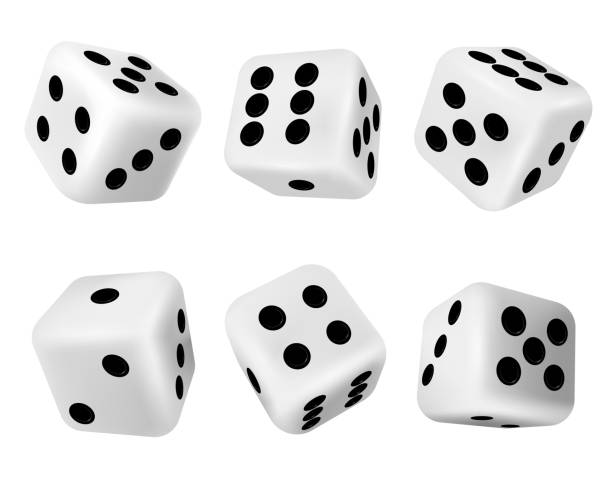 realistische 3d-würfelwürfel für casino-glücksspiele. weiße würfel mit punkten. falling poker stirbt für zufällige wahl in craps. würfelvektor-set - dice cube number 6 luck stock-grafiken, -clipart, -cartoons und -symbole